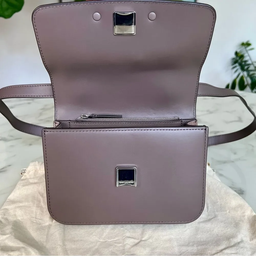 NWOT Tory Burch Eleanor Small Canvas Convertible Shoulder Bag Clam Shell Taupe
